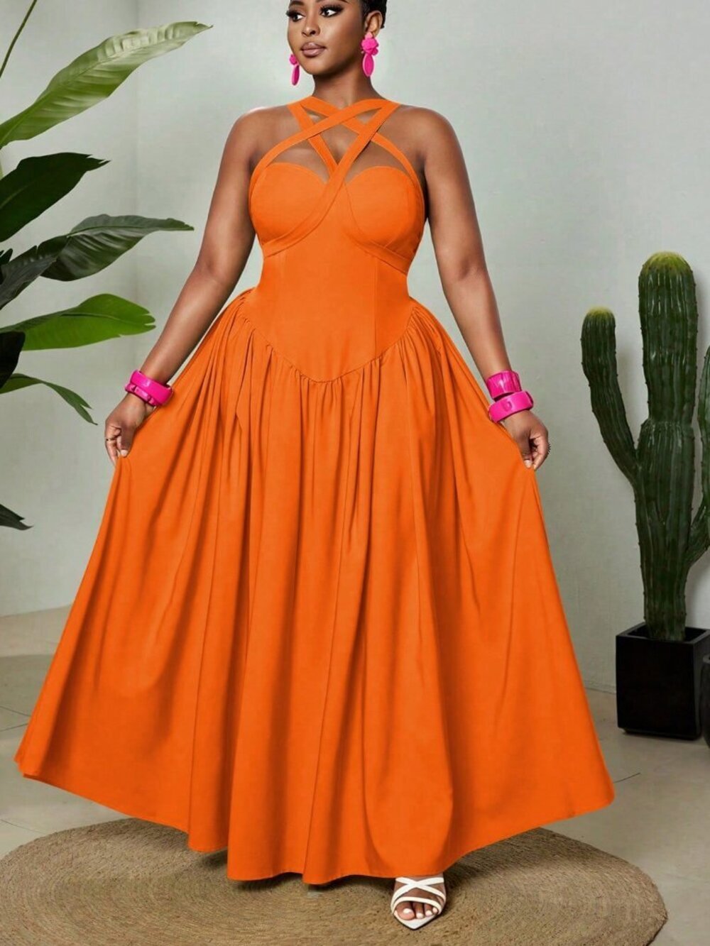 Orange Womens Plus Size Elegant Sexy Spaghetti Strap Sleeveless Flowy maxi Dress